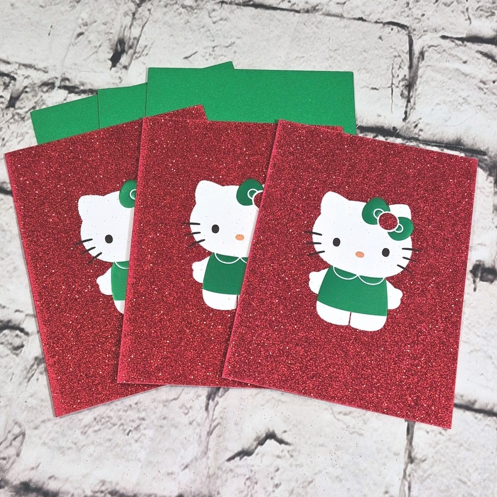 Hello Kitty Christmas Cards Red Glitter Lot Of 3 With Envelopes